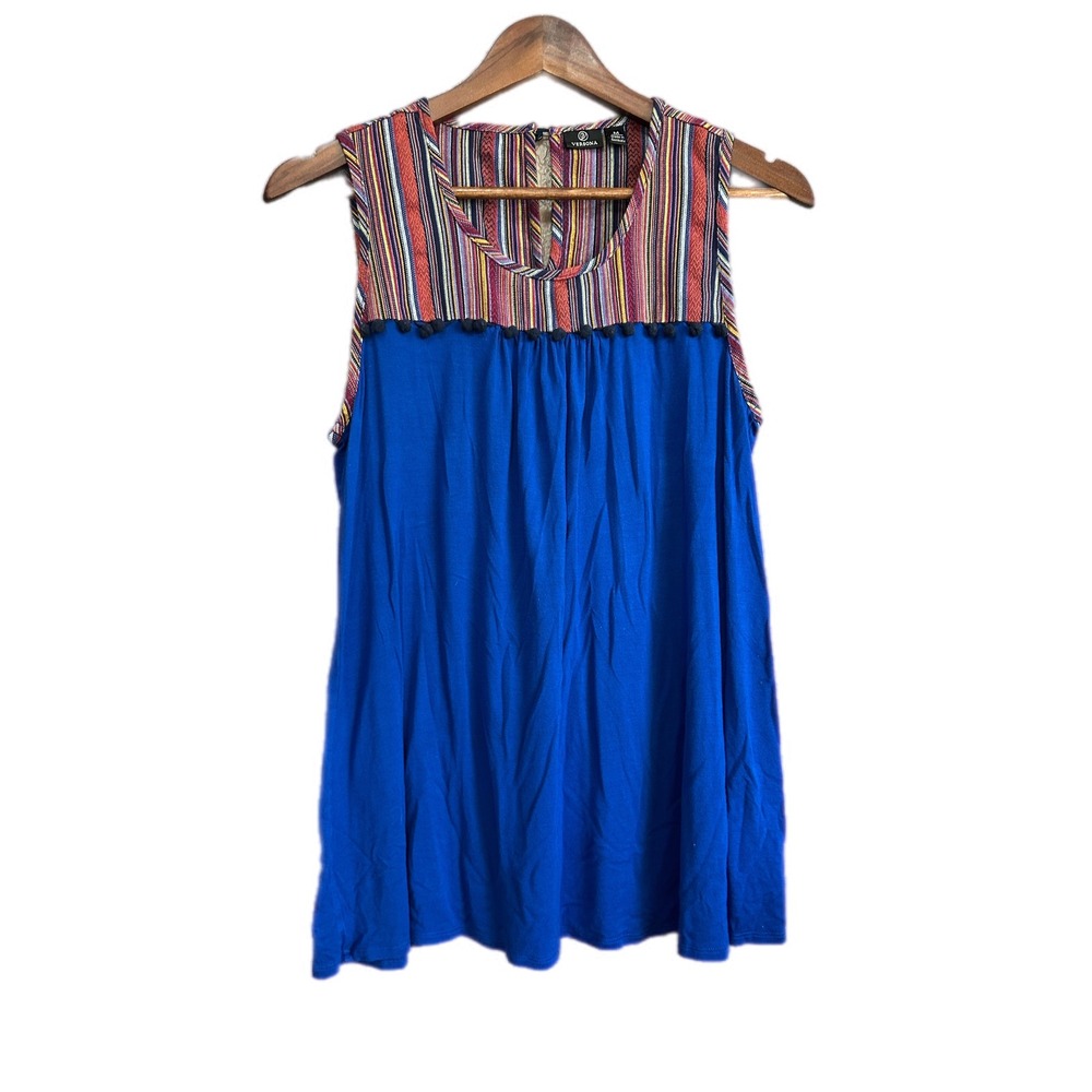 Versona Womens Blue Sleeveless Boho Striped Tassel Tank Top Size M